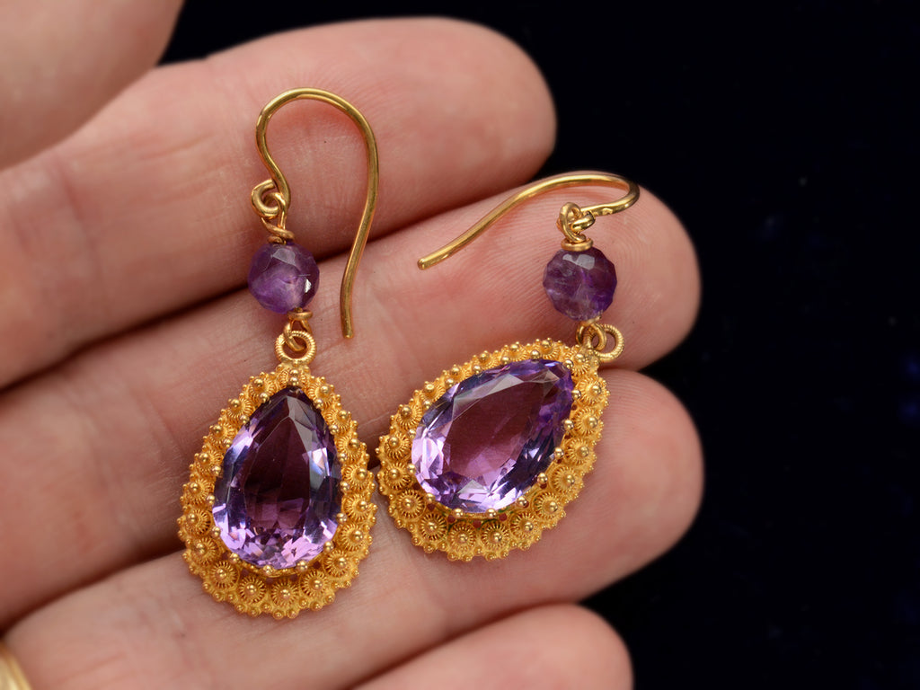 c1880 Amethyst Cannetille Earrings in Yellow Gold, shown on hand for scale