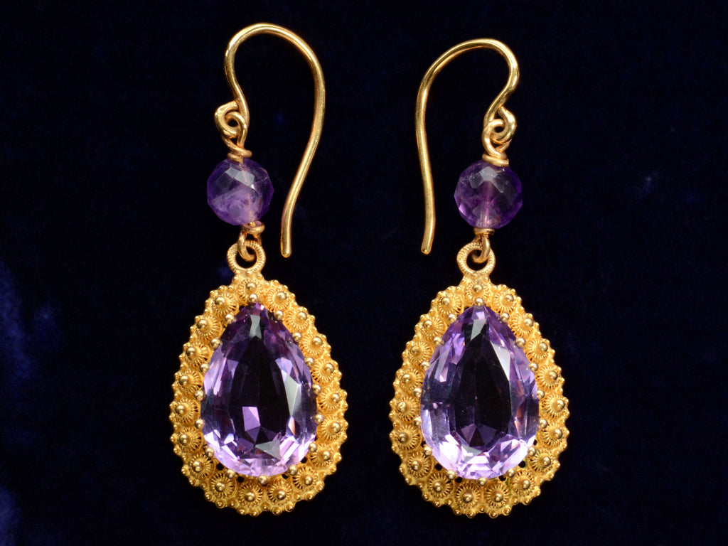 c1880 Amethyst Cannetille Earrings in Yellow Gold, shown on black background