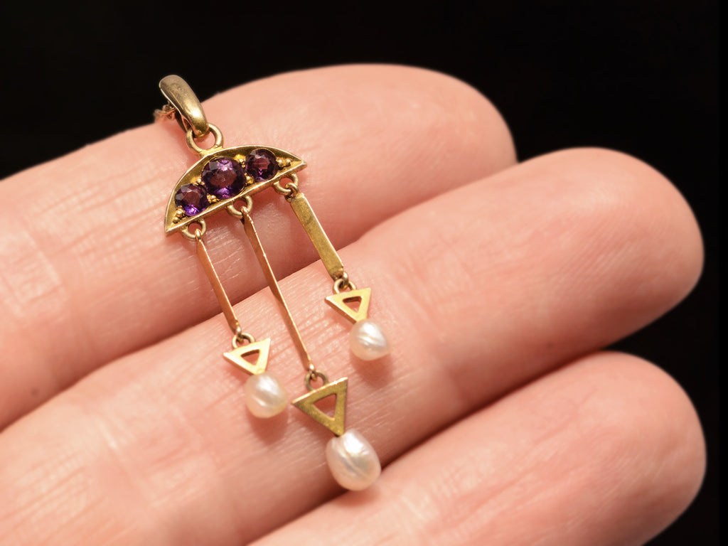 c1900 Amethyst & Pearl Pendant (on hand for scale)