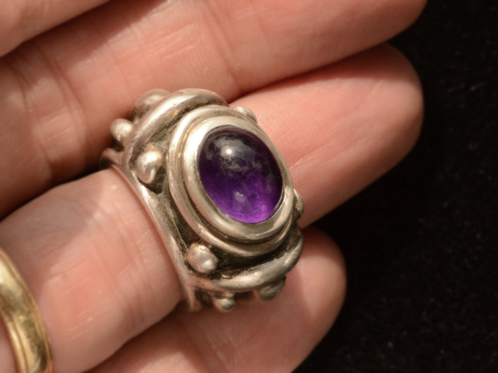 c1980 Silver Amethyst Ring (on finger for scale)