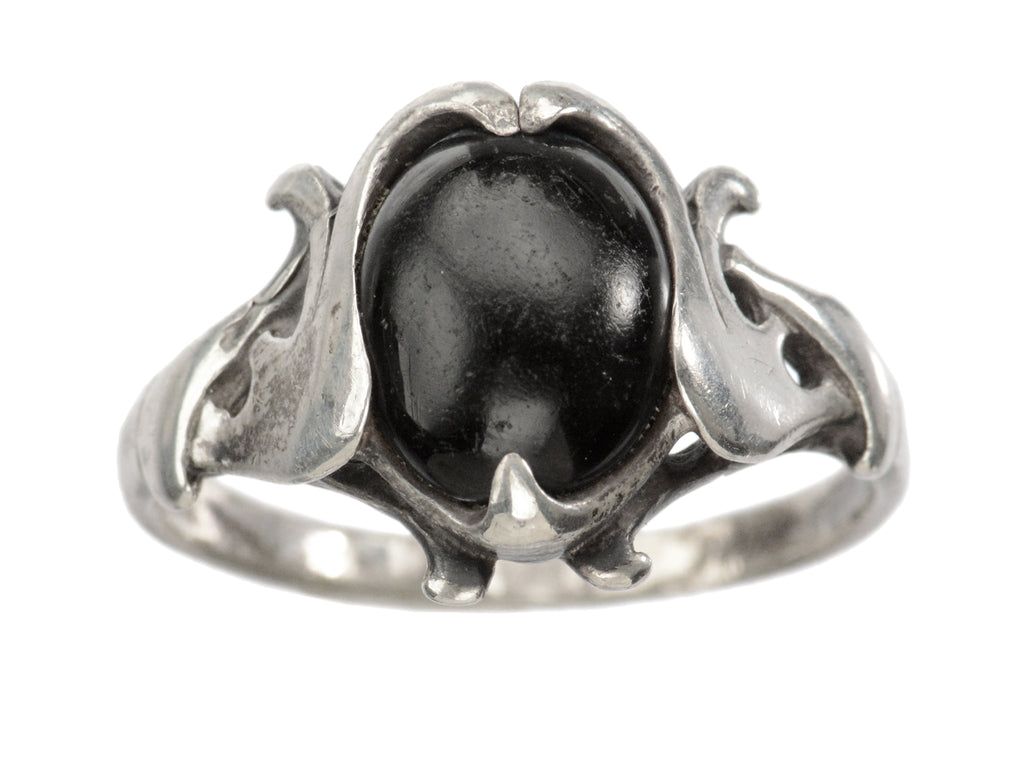 c1910 Art Nouveau Black Onyx Ring in Silver, shown on white background