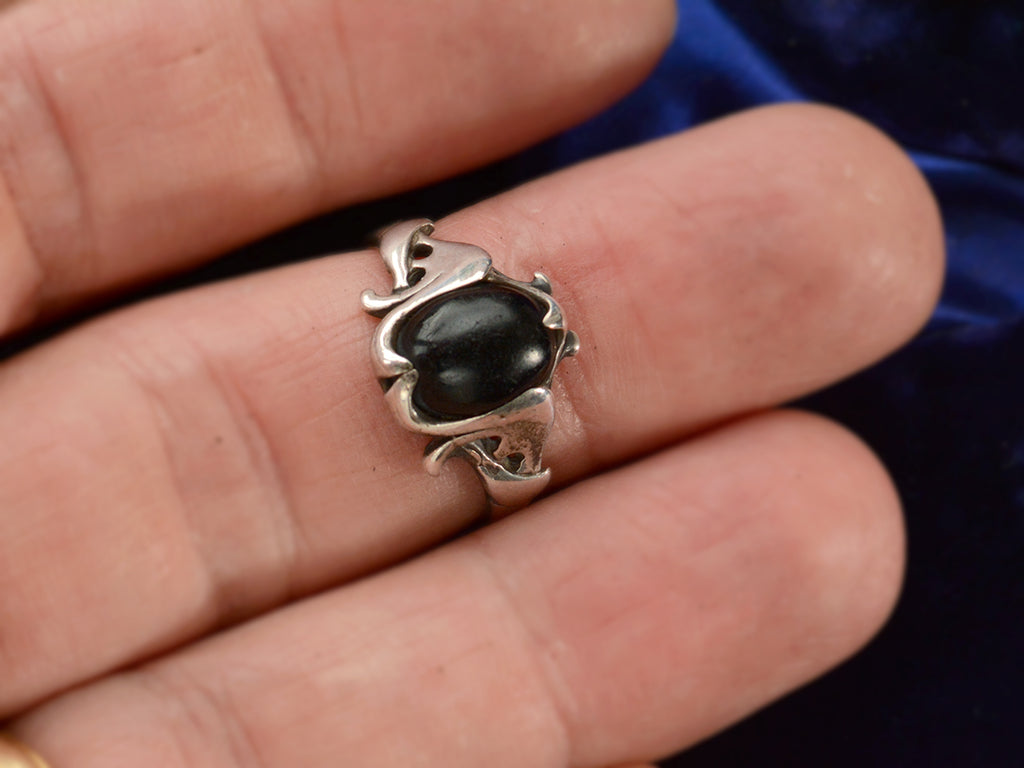 c1910 Art Nouveau Black Onyx Ring in Silver, shown hand for scale