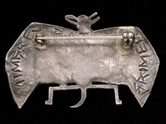 thumbnail of Reverse side of c1980 Silver Bat Brooch on black background. Signed but illegibly. Possibly "MIMBREC BAT GROMER"