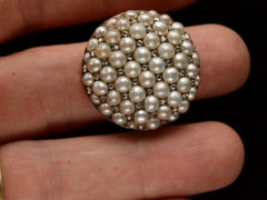 thumbnail of Victorian ring with a large luster pearls and rose cut diamonds, set in rosy-yellow gold, shown on finger