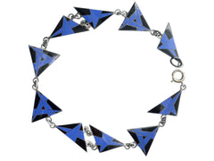 thumbnail of Art Deco silver bracelet with blue and black geometric triangle links on a white background