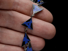 thumbnail of Detail of Art Deco silver bracelet with blue and black geometric triangle links on hand