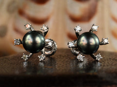 thumbnail of Fronts of  pair of vintage starburst stud earrings featuring a dark green-gray cultured pearls in a white gold prong setting, surrounded by six small clear diamonds on a dark brown background.