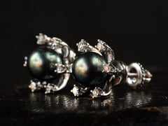 thumbnail of Angled view of a pair of vintage starburst stud earrings featuring a dark green-gray cultured pearls in a white gold prong setting, surrounded by six small clear diamonds on a dark background.