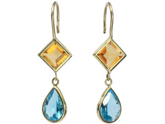 thumbnail of Gold earrings with diamond-shaped orange gem and teardrop-shaped blue gem on a white background
