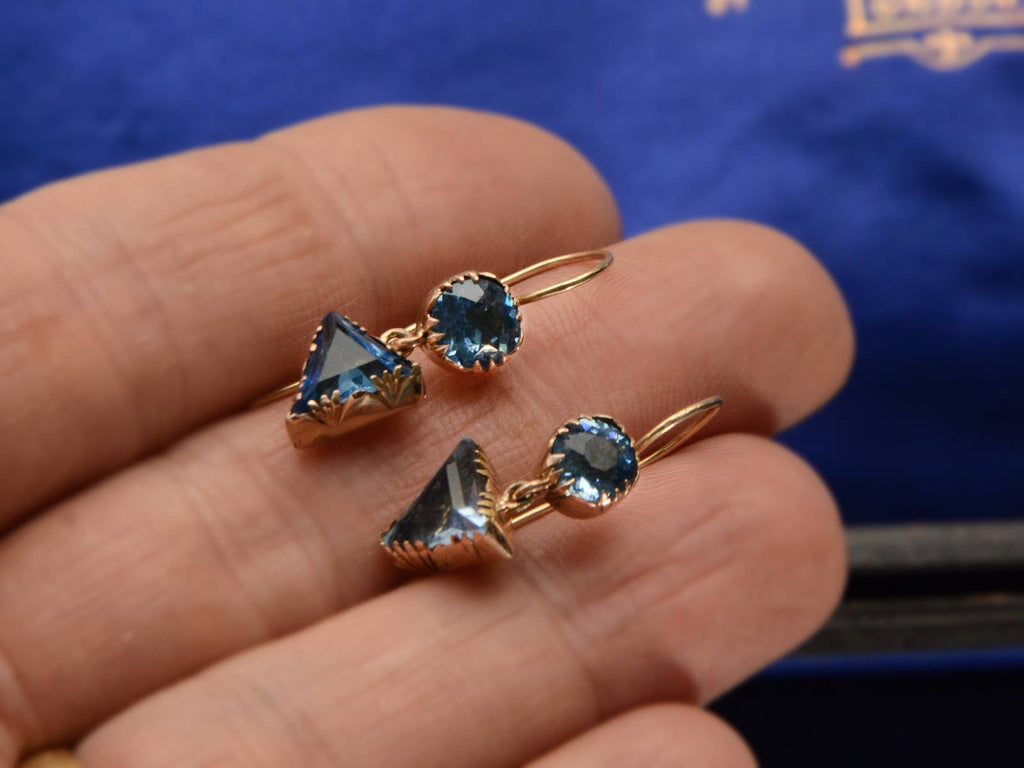 c1840 Blue Paste Crystal Earrings in Gold (shown on hand for scale)