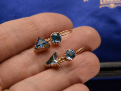 thumbnail of c1840 Blue Paste Crystal Earrings in Gold (shown on hand for scale)