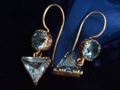 thumbnail of Detail view of c1840 Blue Paste Crystal Earrings in Gold (shown on dark blue background)