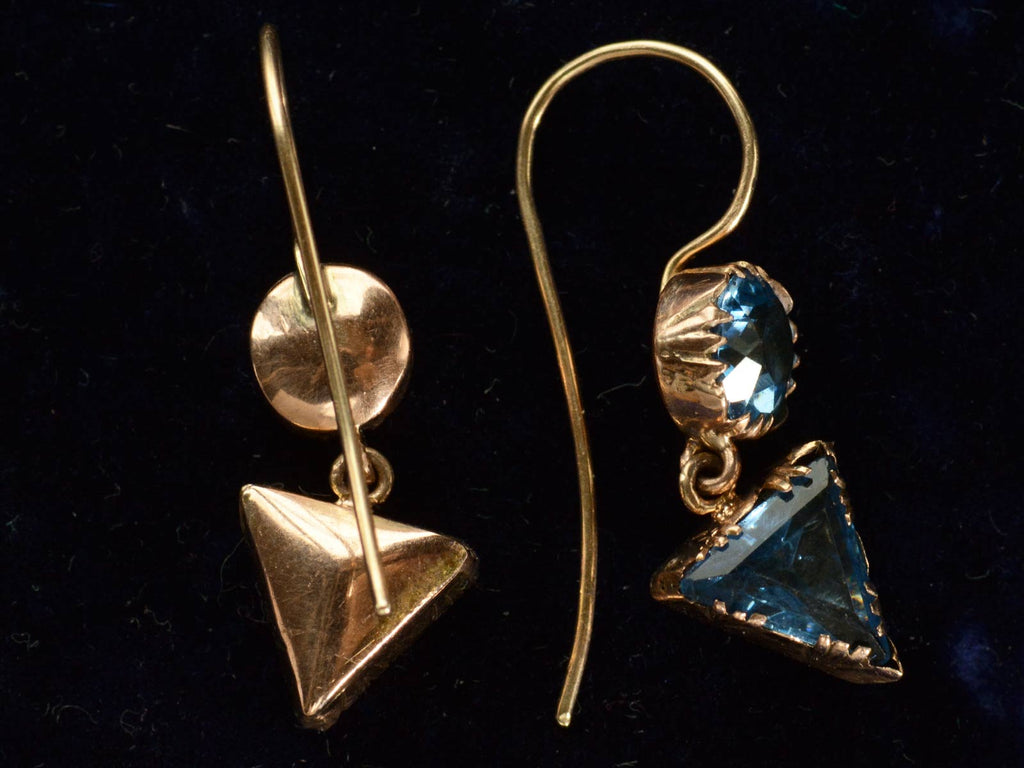 Reverse and side view of c1840 Blue Paste Crystal Earrings in Gold (shown on black background)