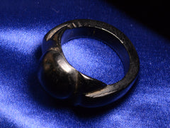 thumbnail of Elevated profile view of c1880 Black Bog Oak Ring (on blue background)