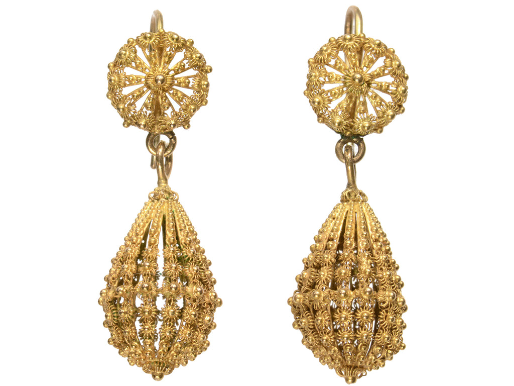 c1870 Yellow Gold Cannetille Drop Earrings (on white background)