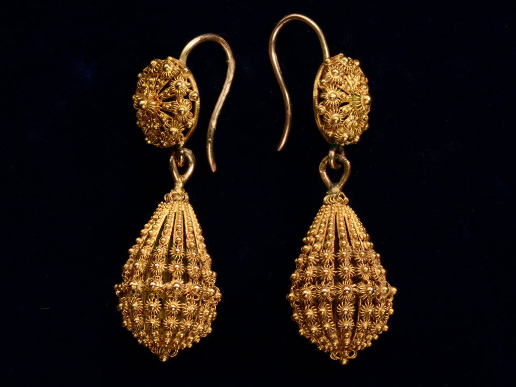 c1870 Yellow Gold Cannetille Drop Earrings (on black background)