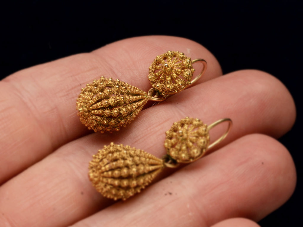 c1870 Yellow Gold Cannetille Drop Earrings (on hand for scale)