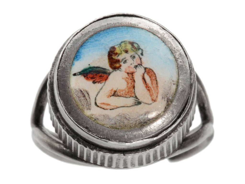 c1900 Silver and Enamel Cherub Ring (on white background)