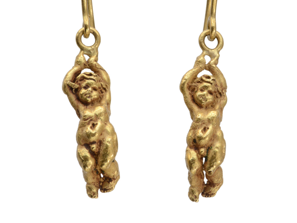 Detail view of c1980 Italian 18K Yellow Gold Cherub Earrings (on white background)