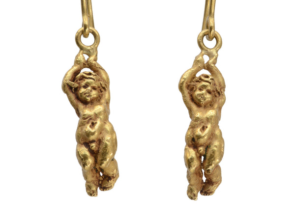 Detail view of c1980 Italian 18K Yellow Gold Cherub Earrings (on white background)
