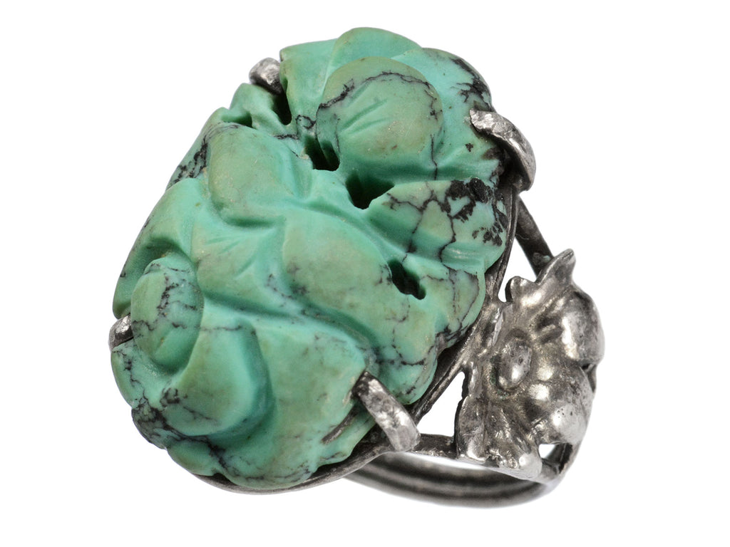 Right angled view of c1920 Chinese Turquoise Silver Ring (on white background)