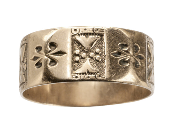 A patterned 12K rose gold Victorian band, shown on white background.