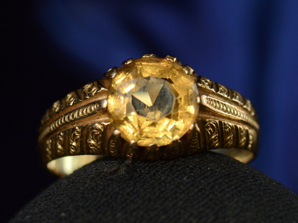 c1940 Portuguese Citrine Ring in Yellow Gold (shown on dark blue background)