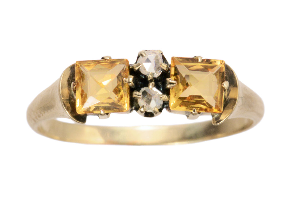 c1900 Citrine & Diamond Ring in Rosy-Yellow Gold (shown on white background)