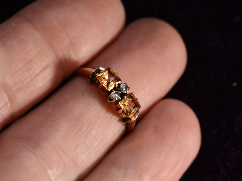 Front view of c1900 Citrine & Diamond Ring in Rosy-Yellow Gold (shown on hand for scale)