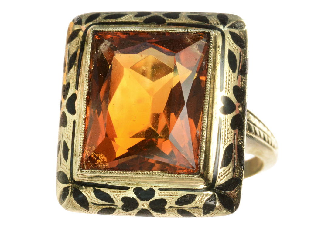 c1930 Art Deco Orange Citrine Ring with Black Enamel Decoration on Yellow Gold (Shown on white background)