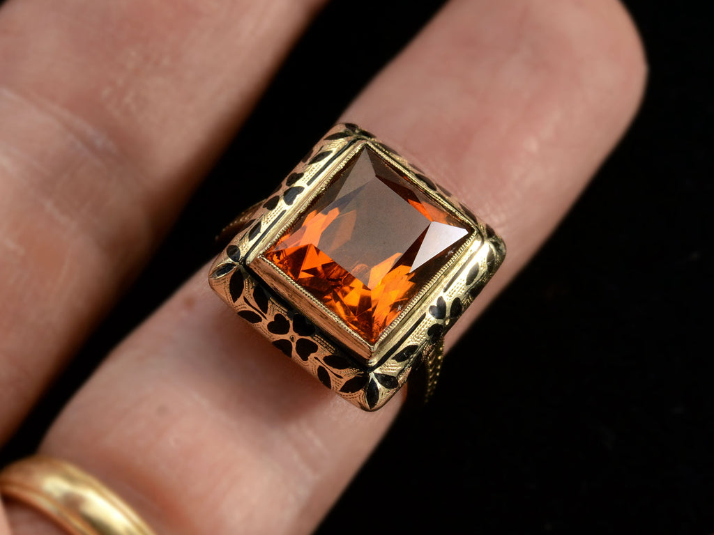 c1930 Art Deco Orange Citrine Ring with Black Enamel Decoration on Yellow Gold (Shown on finger)
