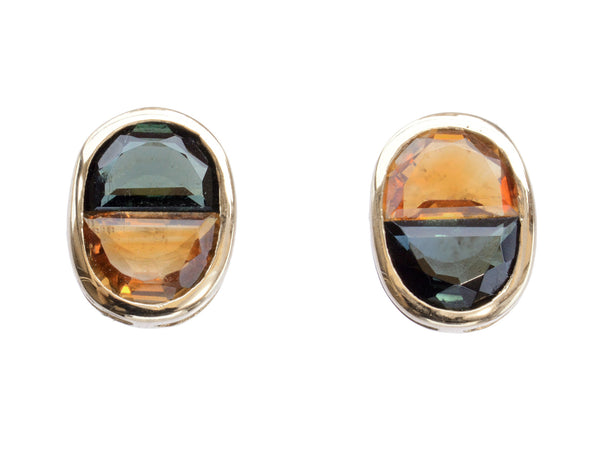 c1980 Dark Green Tourmaline & Citrine Studs in Yellow Gold Bezels (on white background)