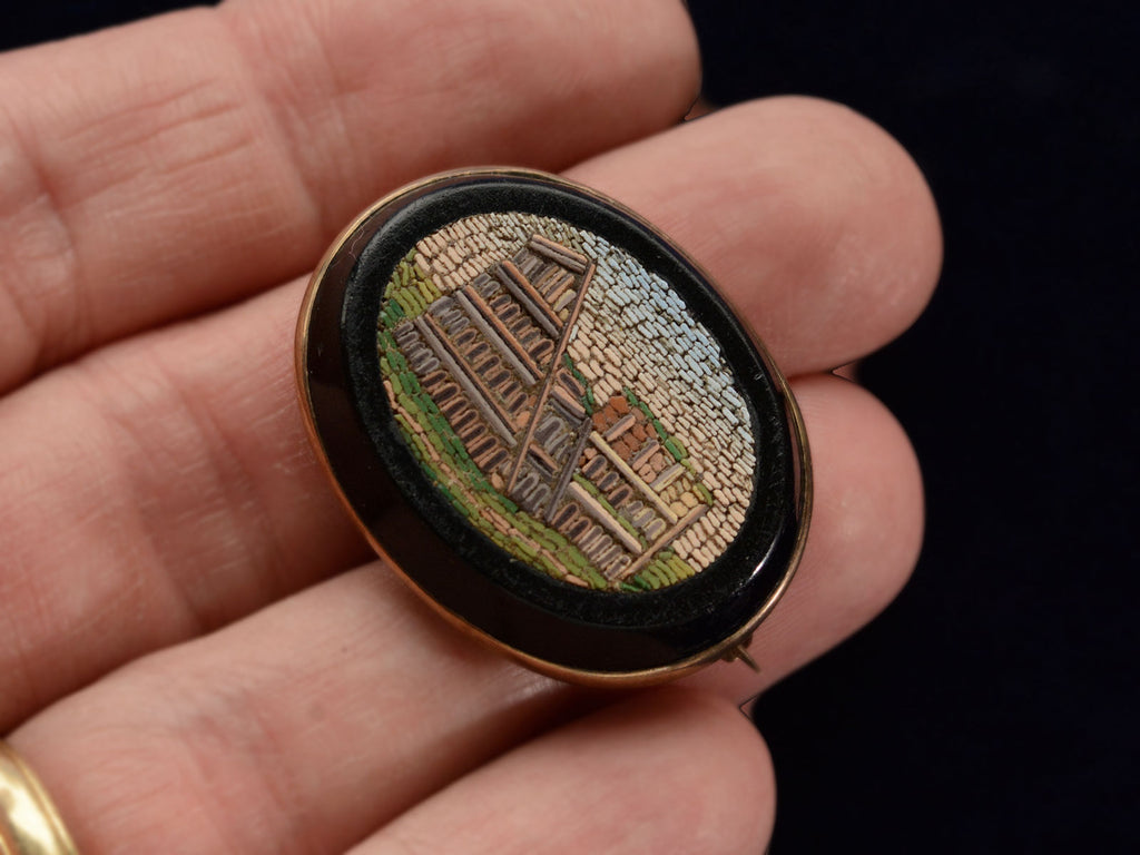 c1880 Micromosaic Colosseum Brooch (shown on hand for scale))