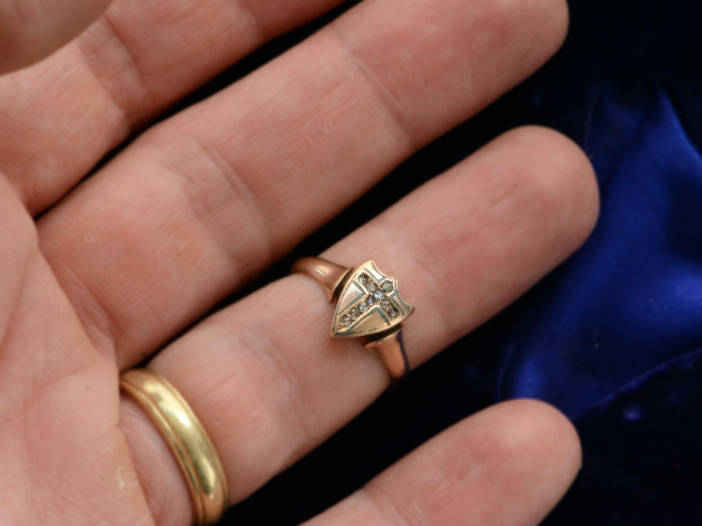 c1890 Diamond Cross Ring in Rose Gold (shown on hand for scale)