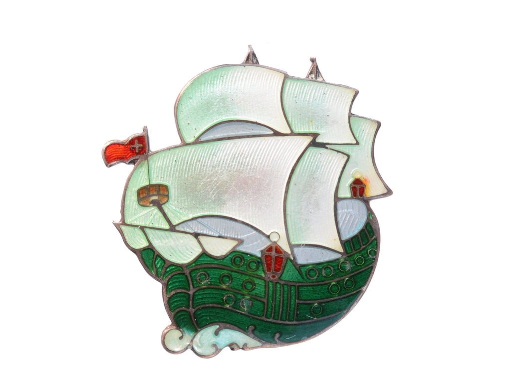 c1930 Enamel Ship Brooch (on white background)