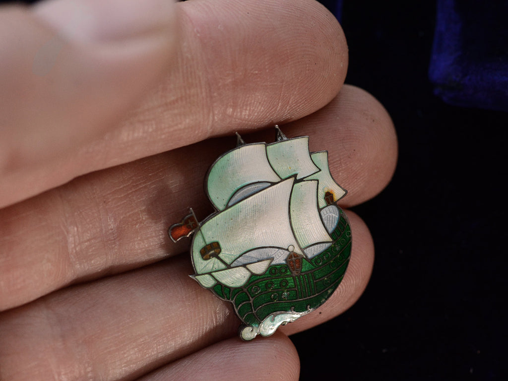 c1930 Enamel Ship Brooch (on hand for scale)