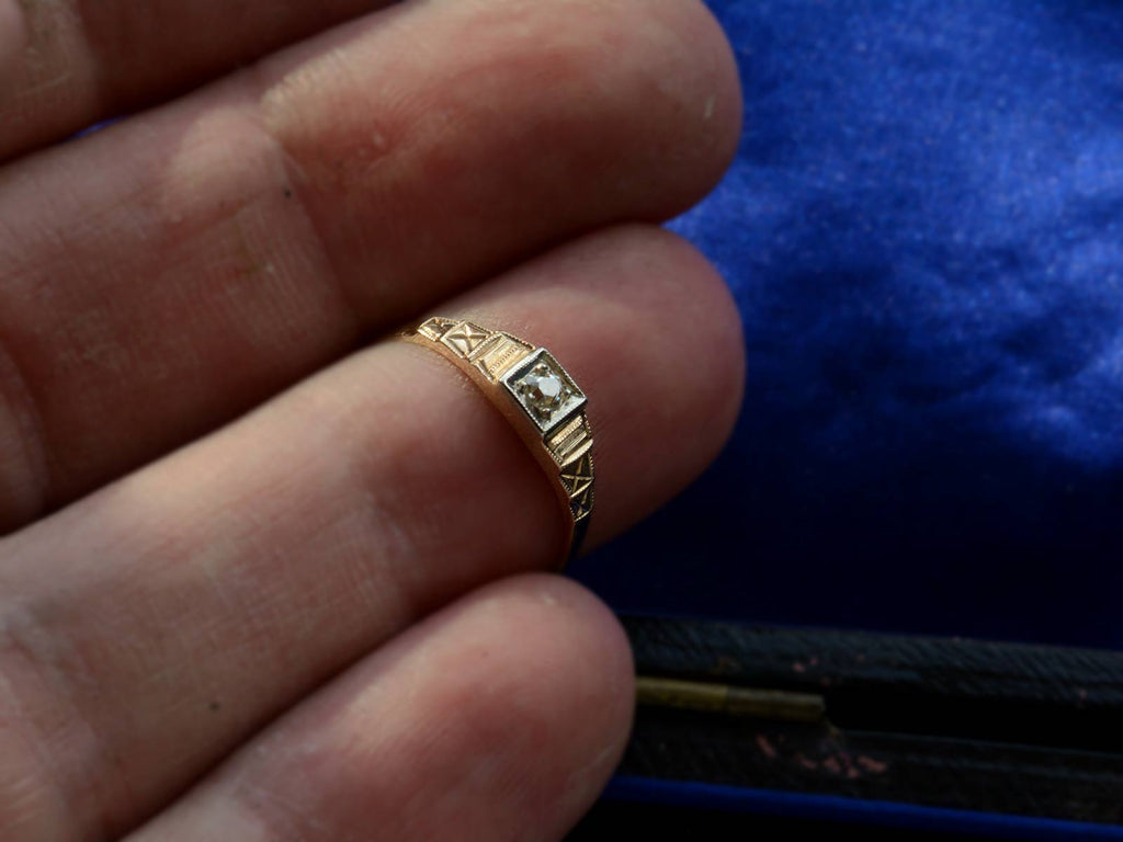 c1920 Art Deco 0.10ct Yellow and White Gold Engagement Ring (on hand for scale)