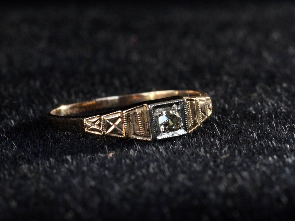 Left angle view of c1920 Art Deco 0.10ct Yellow and White Gold Engagement Ring (on black background)