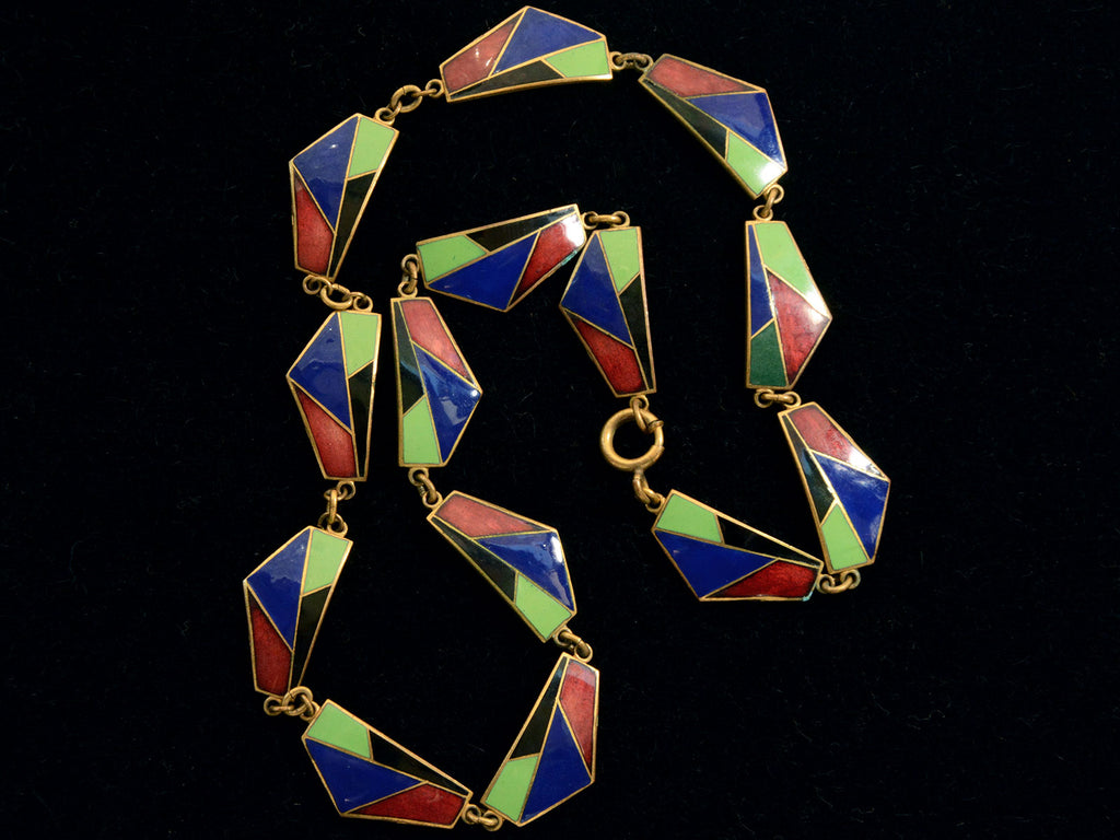 c1930 Art Deco Colorful Enamel Necklace (detail shown on black background)