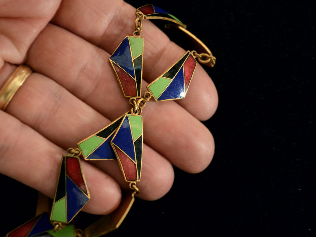 c1930 Art Deco Colorful Enamel Necklace (shown on hand for scale)