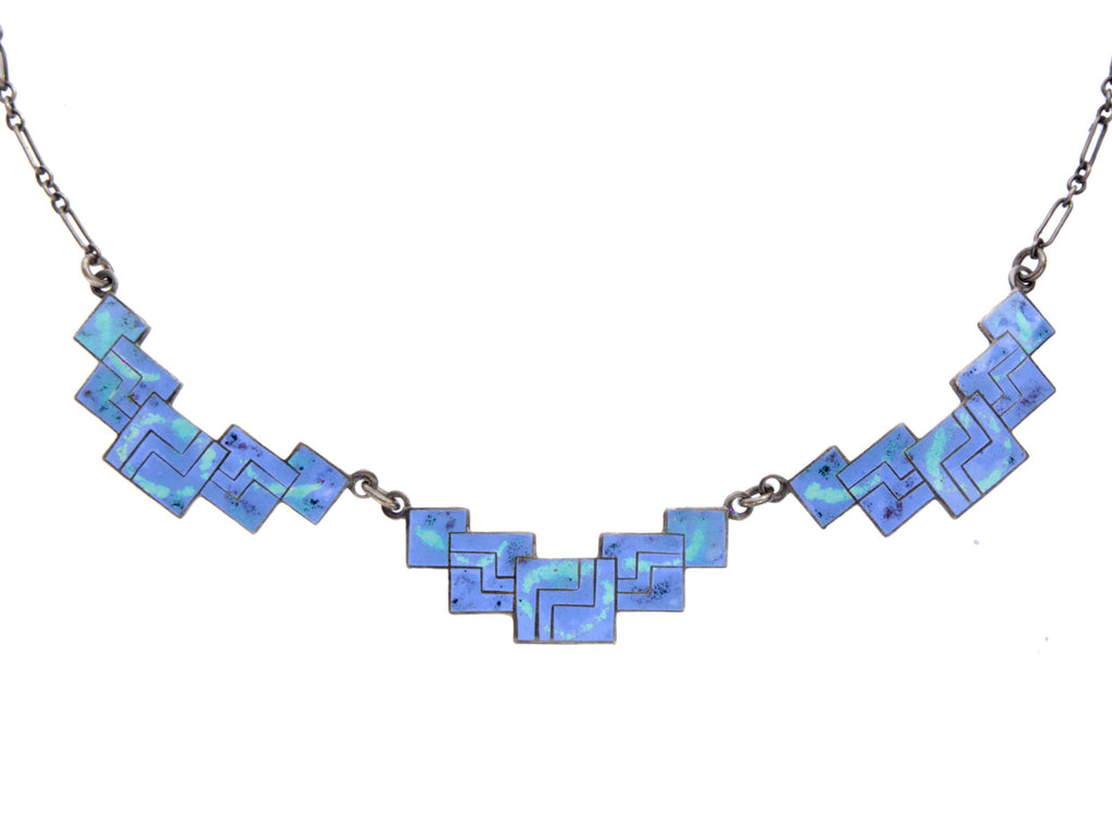 c1920 Cornflower Blue and Green Enamel Necklace (on white background)