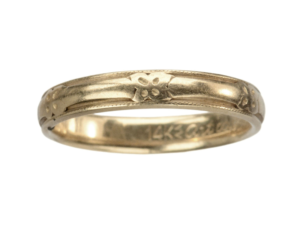 c1930 Patterned 14K Yellow Gold Wedding Band (on white background). A stamp inside the band is visible and reads "14K Art Carved"