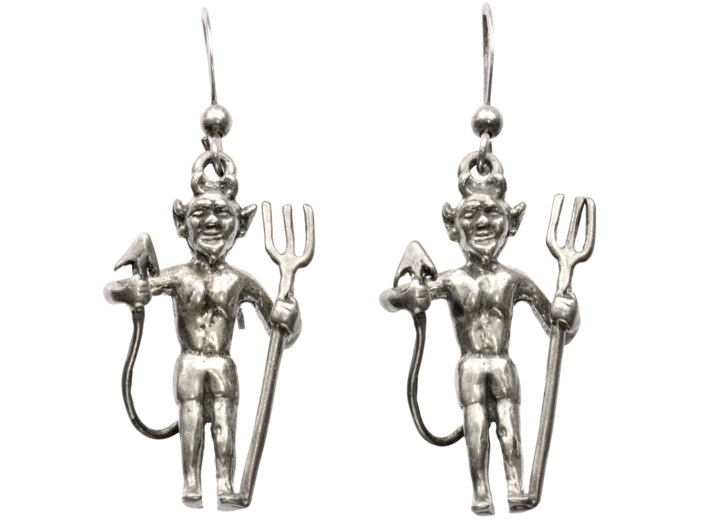 Pair of silver devil earrings with pitchforks, shown on white background.