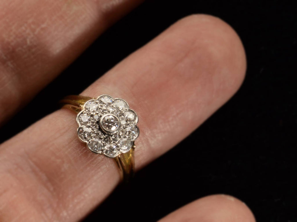 c1920 Diamond Cluster Ring, 18K Yellow Gold and Platinum (shown on finger for scale)