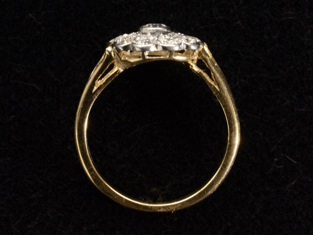 Side profile of c1920 Diamond Cluster Ring, 18K Yellow Gold and Platinum (shown on black background)