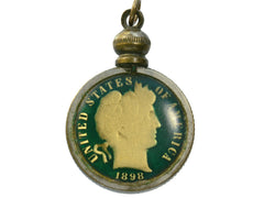thumbnail of Pendant with gilt and green enamel dime mounted in brass, shown on white background. The words "United States of America 1898" are visible on the dime.