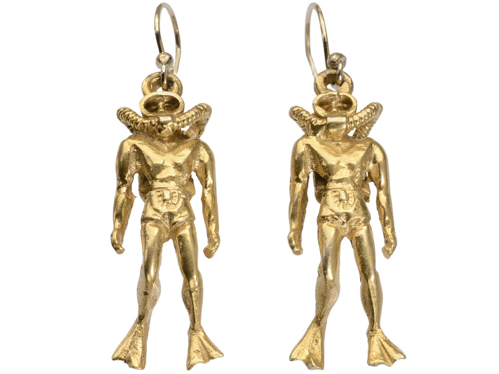 Pair of gold scuba diver earrings, on white background.