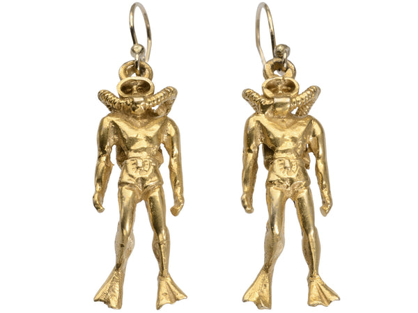 Pair of gold scuba diver earrings, on white background.