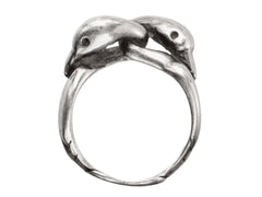 thumbnail of Side profile of sterling silver double swan head ring, on white background.