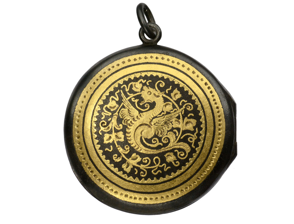 c1890 Black and Gold Japanese Locket with Dragon Design (shown on white background)